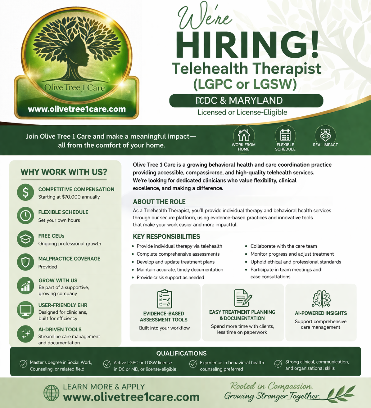 Olive Tree 1 Care hiring announcement: Telehealth Therapist, LGPC or LGSW, DC and Maryland. Open the full announcement for role details and benefits.